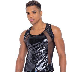 Vinyl and Mesh Tank Top with Rainbow Studs - Black